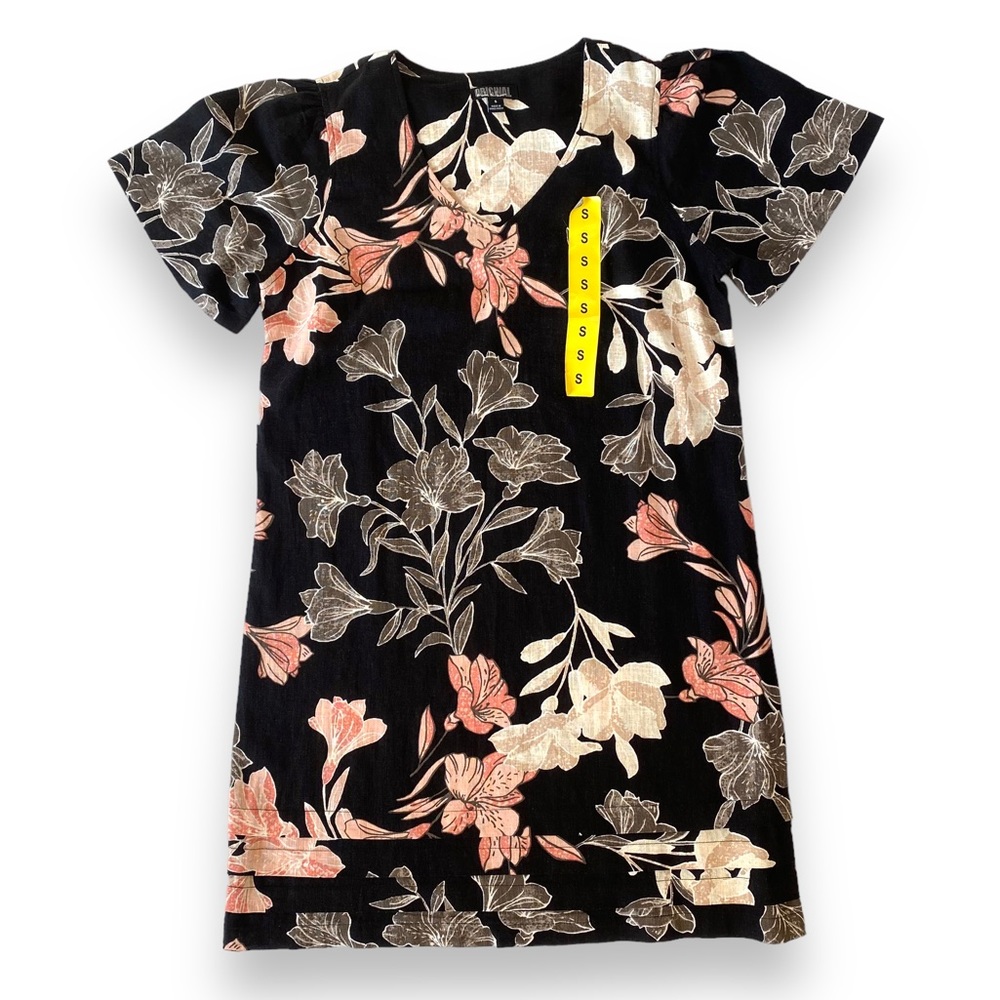 Nicole Miller Short Sleeve V-Neck Linen Blend Dress, Black Floral, Small NWOT